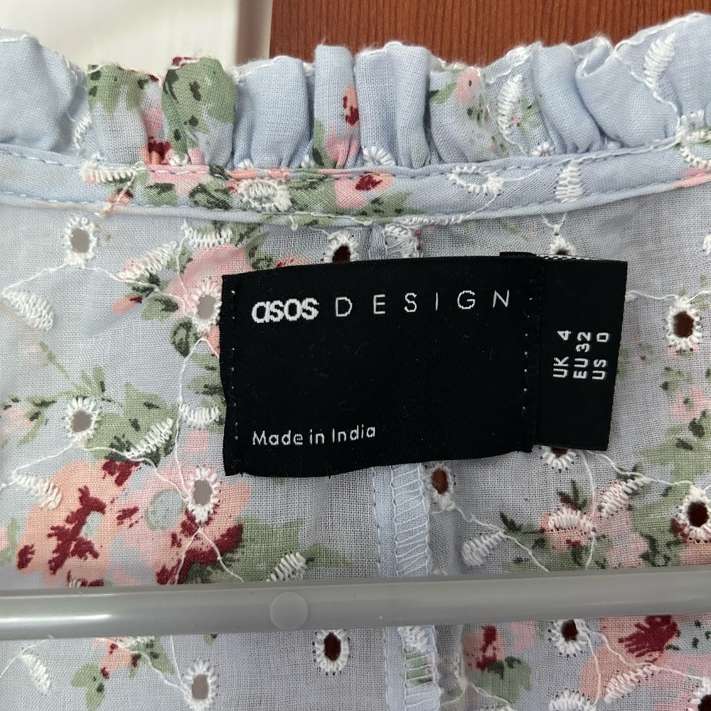ASOS Blue Floral Midi Dress Trapeze Smocked Sleeves Puff Shoulder. - Picture 6 of 6
